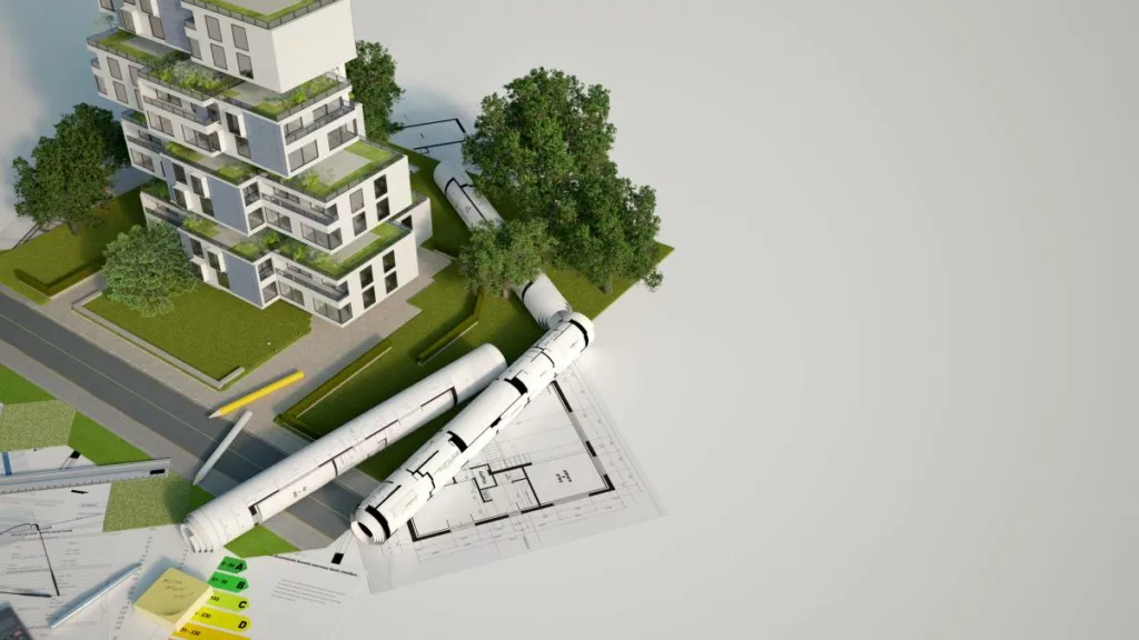 Ein 3D Modell eines Gebäudes mit grünem Dach Die Bundesförderung für effiziente Gebäude BEG unterstützt den Austausch alter Heizungen durch klimafreundliche Heizungen