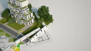 Ein 3D-Modell eines Gebäudes mit grünem Dach. BEG unterstützt den Austausch alter Heizungen durch klimafreundliche Heizungen.